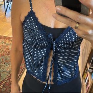 Navy Polka Dot Lace Trim Women Top